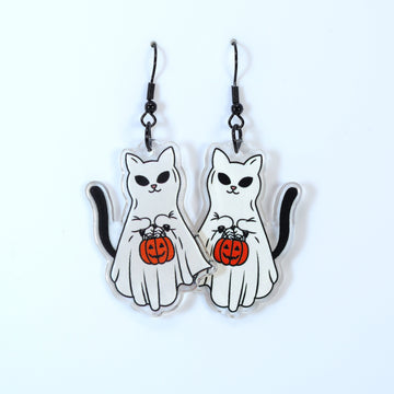 Cute Kitty Trick Or Treat Halloween Earrings, Cat Halloween Earrings, Spooky Pumpkin Statement earrings.